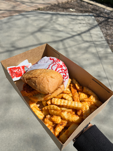 Cardboard container with burger and fries.