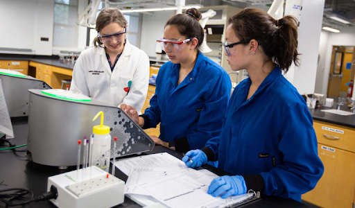 One professor with two students looking at a result in a chemistry lab