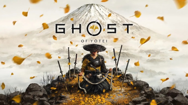 Ghost of Yotei video game promo image. Kneeling samurai in front of mountain