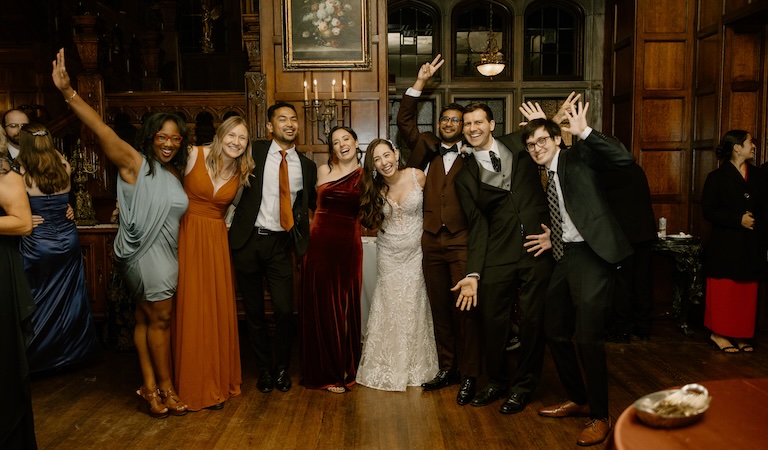 Group posing at wedding party