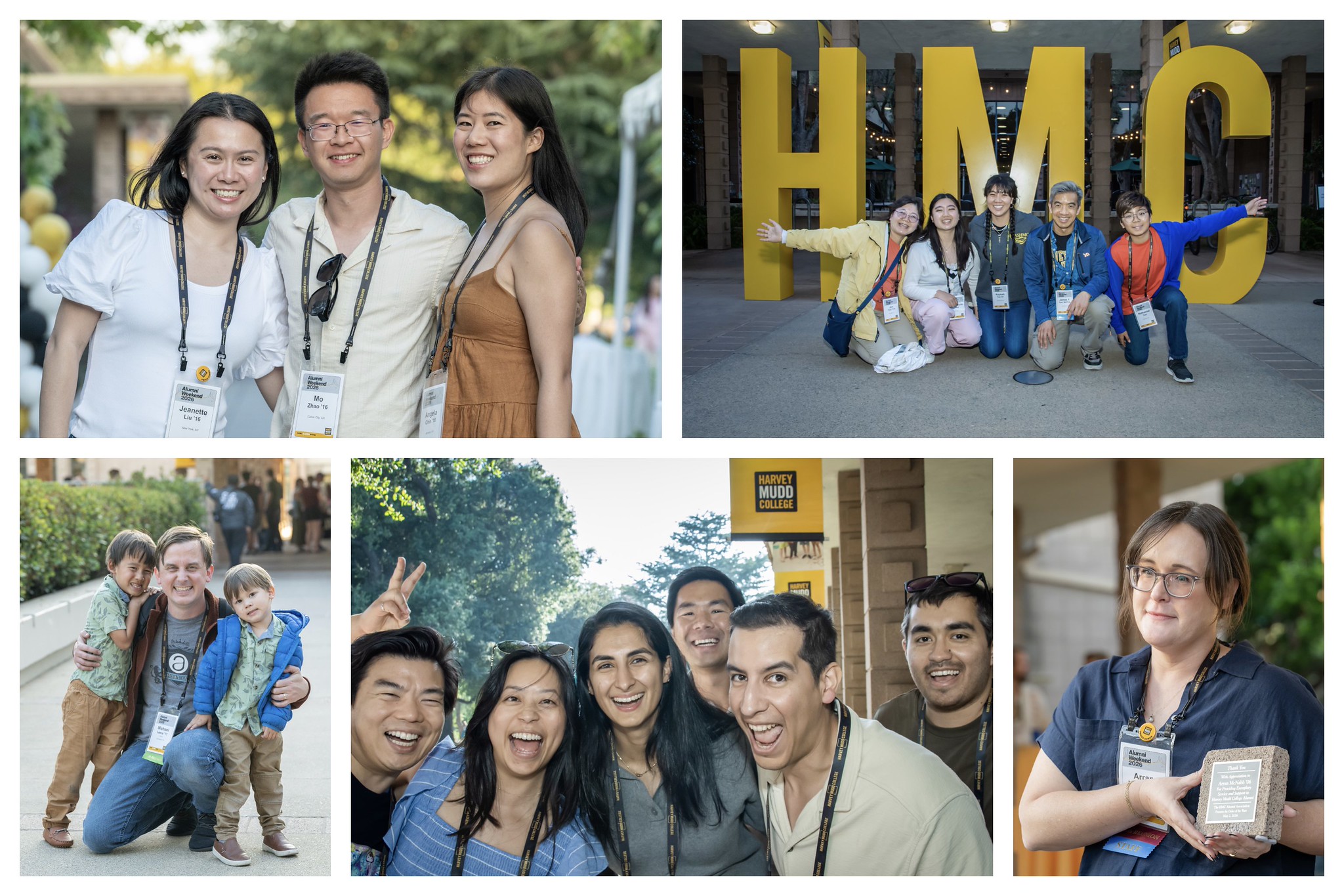 photo collage of alumni smiling around HMC campus
