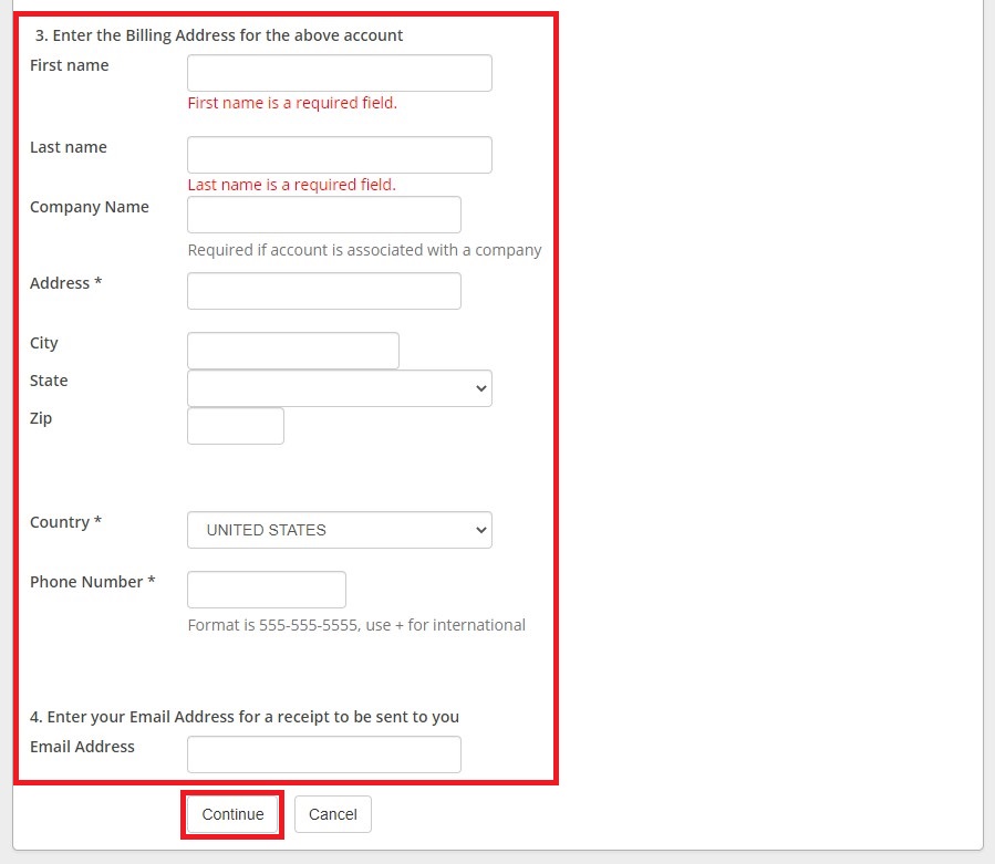 eCheck payment instructions step 9b - enter payment information and select continue