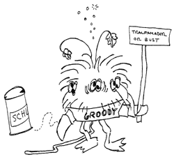 Line-drawing of a "Groody": a small furry animal with two arms, two legs and multiple eyes