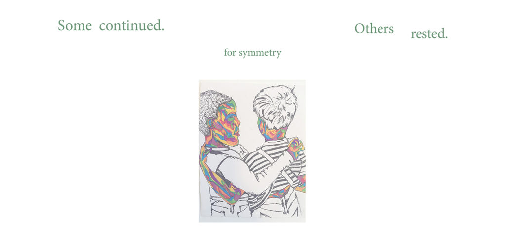 Exhibition poster featuring painting of two figures, embracing with back to viewer. Text in image in caption below.