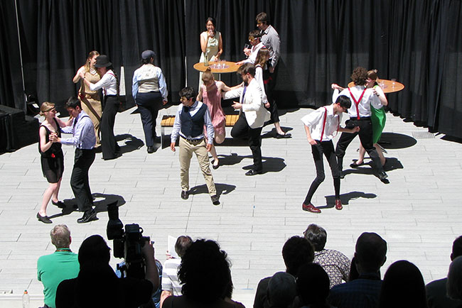 Actors performing a Shakespeare play at Harvey Mudd College