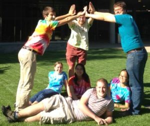 Top edges of cage: Brian, Prof. Vosburg, Jonathan. Bottom edges of cage: Shannon, Nick, Eun Bin. Trapped in cage: Stephanie.