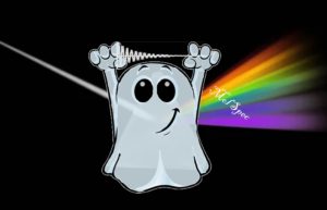 Ghost graphic with a ban of colors as seen in a rainbow
