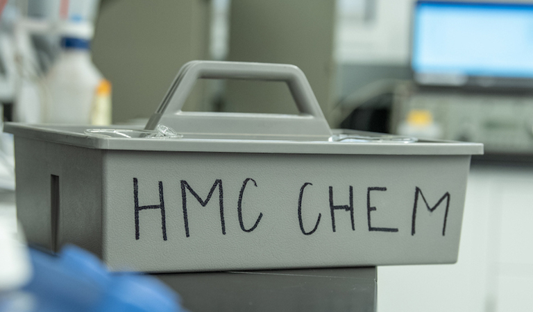 Safety box with the words, "hmc chem."