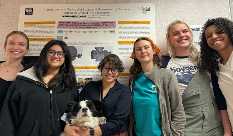 Prof. Hernandez-Castillo spring research students standing in a group with Hamilton - service dog