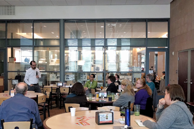 Sam Kome from Honnold Library presenting at A Bite of Learning in Spring 2017. The title of his presentation was Researcher Activity Monitoring and Privacy Protection.