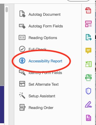 Showing accessibility report option in Adobe Acrobat Pro