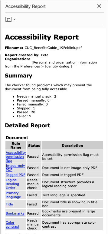 Sample accessibility report in Adobe Acrobat Pro.