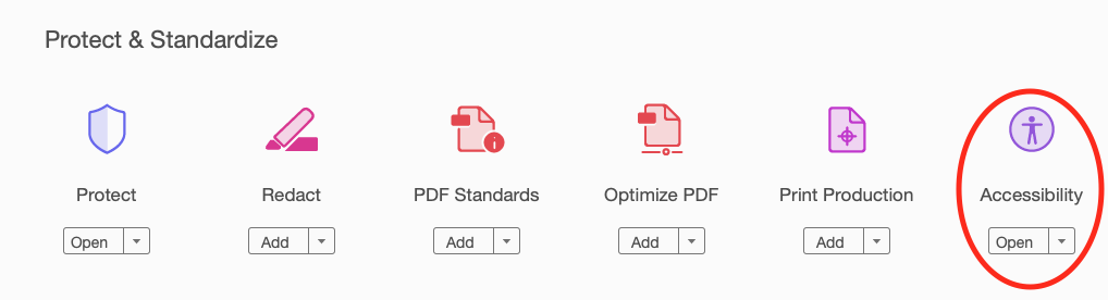 Showing accessibility option in Adobe Acrobat Pro.