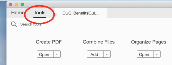 Location of Tools menu in Adobe Acrobat Pro
