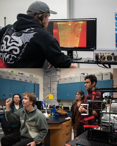 Two panel photo. Top is student looking at computer monitor. Bottom is a group of students in a work room setting