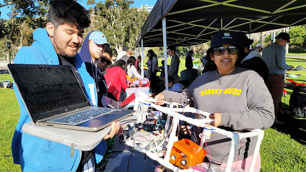 Students with a robot