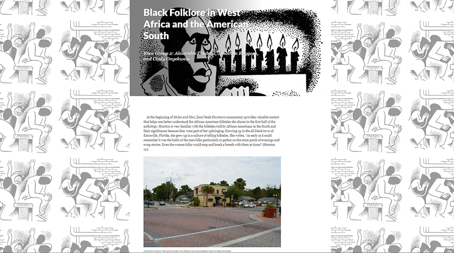 A screen shot of an HMC student’s digital humanities project on “Black Folklore in West Africa and the American South”