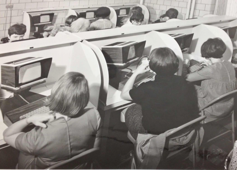 A photo of nursing students learning with PLATO III at Mercy Hospital, Chicago, IL. Courtesy of the University of Illinois Archive, Collection “