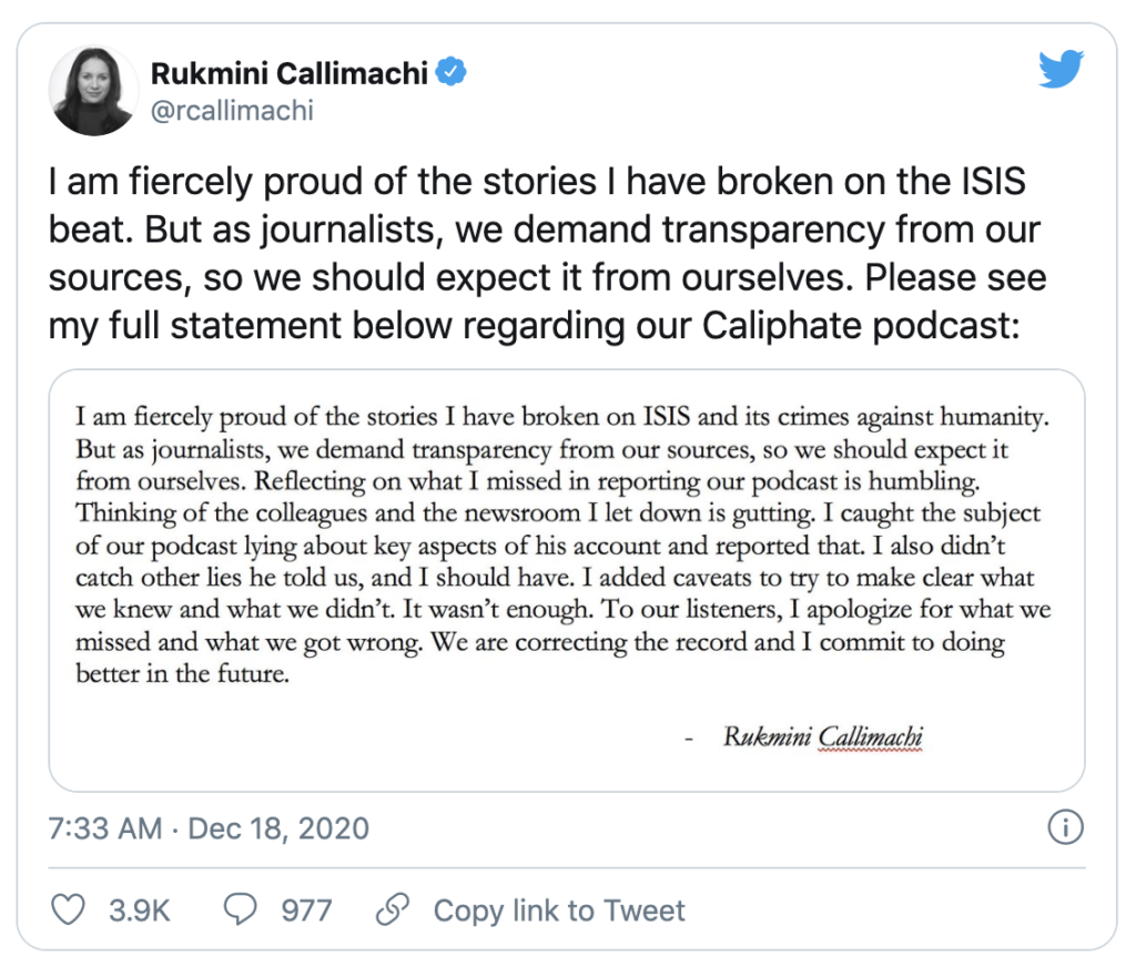 Image of December 18, 2020 Tweet by Rukmini Callimachi