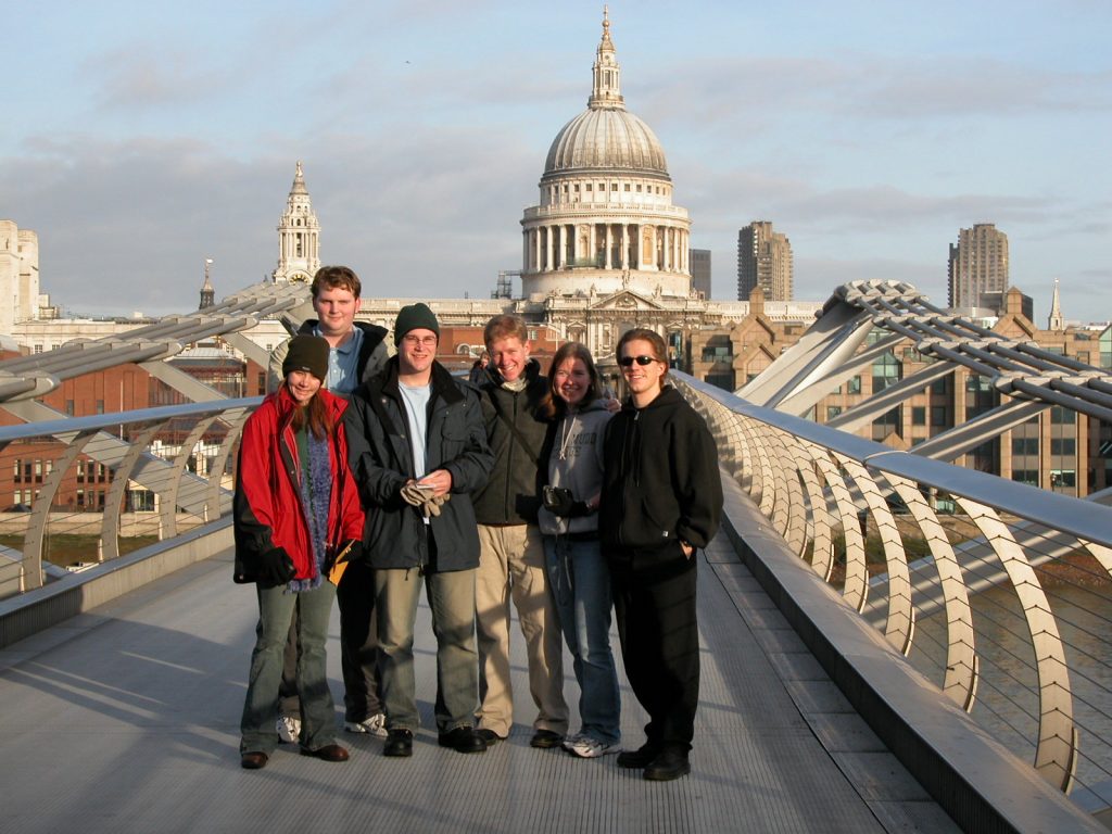 Students on Millennium Bridge 2005