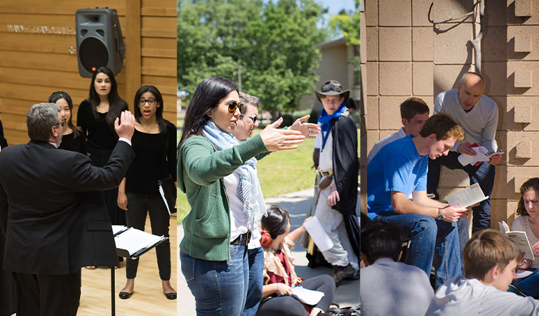 A collage of three photos. Left: A choir singing and lead by a conductor. Middle: A woman directors students dressed in costume. Right: Students and a professor are sitting on the ground reading books.