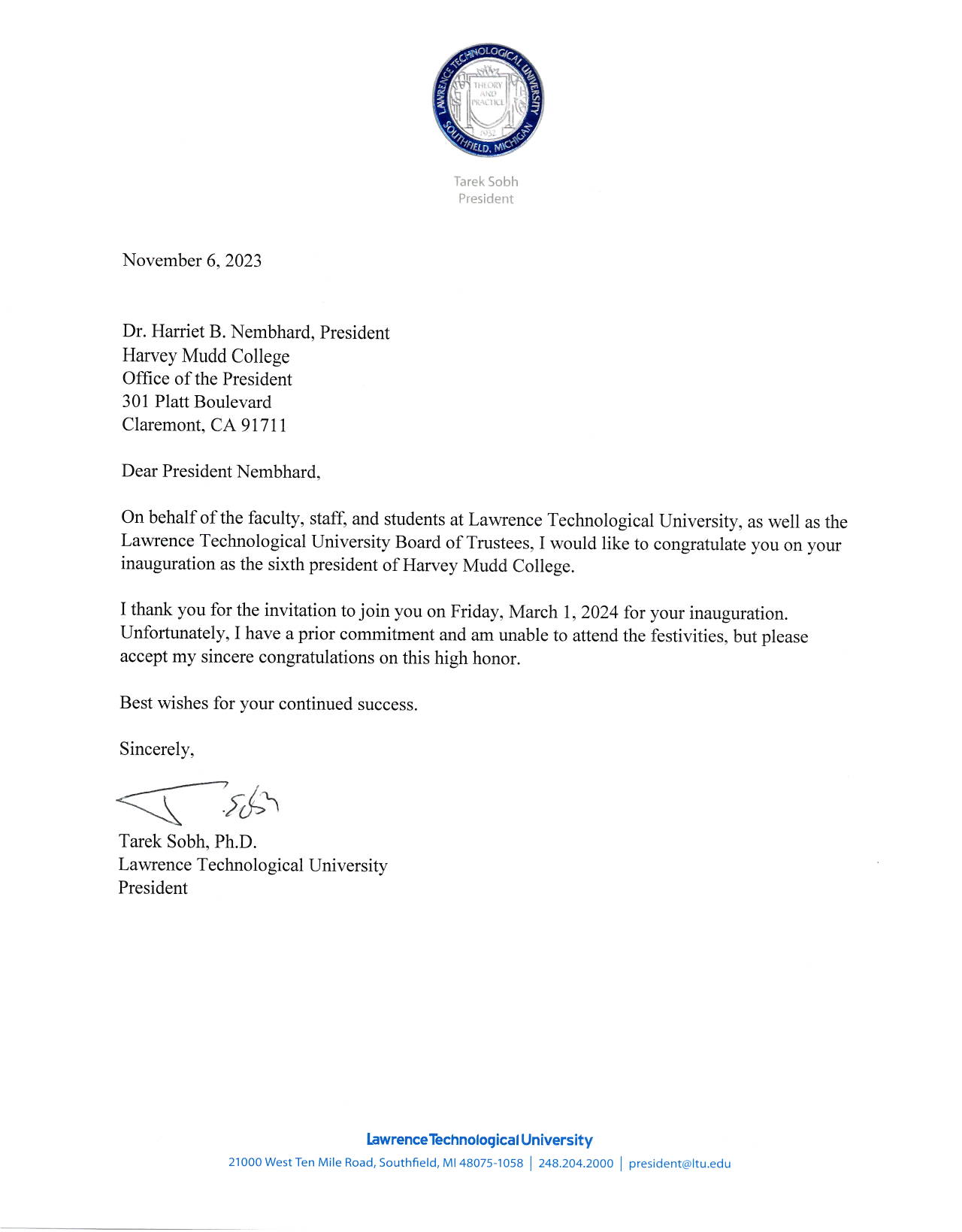 Lawrence Technological University | Letters of Congratulations | Harvey ...
