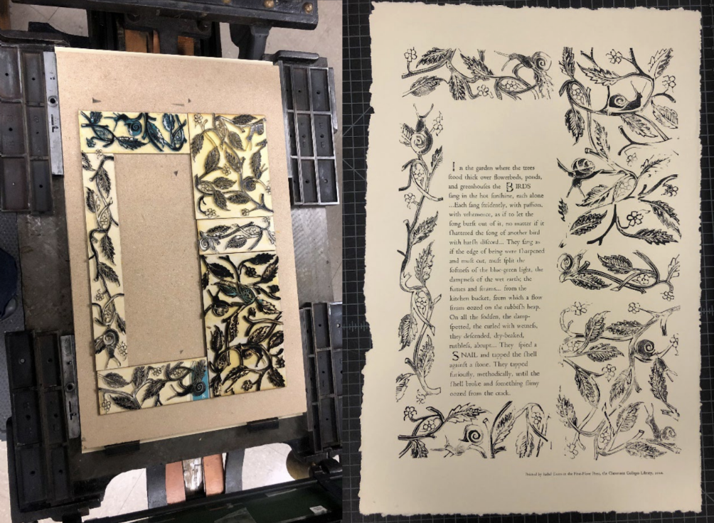 Left: A layout of floral-patterned stamps with a gap for a block of text on the left side. Right: A broadside print on a large piece of paper with floral stamps surrounding a block of text.