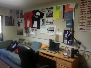 Here is one side of my room. I live in one of the singles. Notice the couch that is bigger than my bed! I love fishing and Taylor Swift!